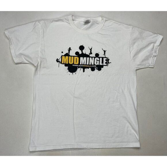 Mud Mingle Graphic T-shirt Men Large White Short Sleeve - Picture 1 of 5